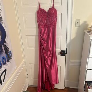 Elegant Pink Prom Gown With Slit and Lace Up Back